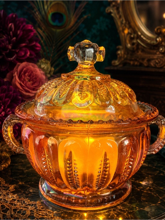 Other - Vintage Amber Glass Covered Sugar Bowl Fairy Lamp Décor